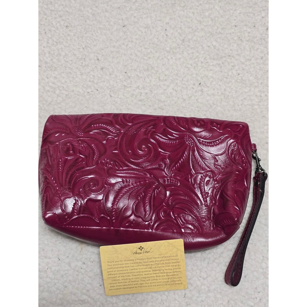 Patricia Nash Valerie Fold-over Wristlet Plum Purple Floral Embossed Leather Bag - Picture 6 of 13